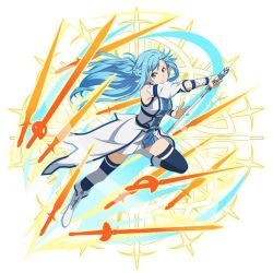 Rule 34 | 1girl, asuna (sao-alo), blue eyes, blue hair, blue thighhighs, boots, cape, detached sleeves, floating hair, full body, holding, holding sword, holding weapon, leg up, long hair, looking at viewer, miniskirt, pleated skirt, pointy ears, simple background, skirt, smile, solo, sword, sword art online, thighhighs, very long hair, weapon, white background, white cape, white footwear, zettai ryouiki