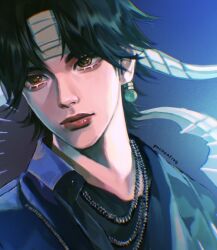 Rule 34 | 1boy, belt, black hair, black undershirt, blue shirt, brown eyes, chain necklace, chrollo lucilfer, collared shirt, earrings, highres, hunter x hunter, jewelry, lips, looking at viewer, male focus, necklace, parted bangs, phoneafrog, shirt, solo, twitter username