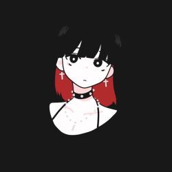 Rule 34 | 1girl, 3d, animated, black background, black choker, black eyes, black hair, blender (medium), blunt bangs, choker, closed mouth, collarbone, cross, cross earrings, daikei 625, derivative work, double-parted bangs, earrings, jewelry, looking at viewer, looping animation, medium hair, multicolored hair, multiple views, necklace, original, simple background, solo, spaghetti strap, squareanon, studded choker, turnaround, two-tone hair, upper body, video
