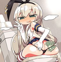 Rule 34 | 1girl, :p, ass, black panties, blonde hair, blue skirt, blush, elbow gloves, gloves, green eyes, kanikama, kantai collection, long hair, looking at viewer, looking back, lowres, money, object in clothes, object in panties, panties, shimakaze (kancolle), sitting, skirt, solo, striped clothes, striped thighhighs, thighhighs, toilet, tongue, tongue out, tucked money, underwear, v, white gloves