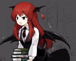 Rule 34 | 1girl, :d, bat wings, book, book stack, happy, head wings, holding, holding book, koakuma, long hair, necktie, open book, open mouth, reading, red eyes, red hair, shirt, smile, solo, touhou, wings, yukihiko (sky sleep)