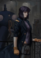 Rule 34 | 1045335316, 1girl, absurdres, black jacket, breasts, building, buttons, cable, city, clenched hand, closed mouth, coat, covered collarbone, covered navel, cowboy shot, expressionless, fingerless gloves, from side, ghost in the shell, ghost in the shell stand alone complex, gloves, harness, highres, impossible clothes, impossible leotard, jacket, kusanagi motoko, lamppost, leotard, lips, looking at viewer, looking back, mecha, medium breasts, night, o-ring, o-ring bottom, open clothes, open jacket, orange gloves, outdoors, pants, purple hair, railing, red eyes, robot, short hair, skin tight, skyscraper, sleeves rolled up, standing, tachikoma, thigh strap, trench coat, turtleneck, unbuttoned