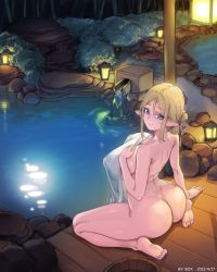 Rule 34 | 1girl, ass, barefoot, bath, bathing, blonde hair, blue eyes, breasts, bucket, closed mouth, covered erect nipples, covering privates, elf, highres, holding, holding towel, huge breasts, lantern, naked towel, nude, nude cover, onsen, original, pointy ears, rock, see-through, sitting, smile, solo, towel, water, water spring, white towel, wooden bucket, wooden floor, xiangzi box