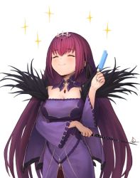Rule 34 | 1girl, bad id, bad twitter id, breasts, capelet, eating, fate/grand order, fate (series), food, happy, io (io oekaki), large breasts, long hair, popsicle, purple hair, scathach (fate), scathach skadi (fate), smile, solo, sparkle, tiara, wand, white background