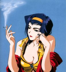 Rule 34 | 1990s (style), 1girl, blue hair, breasts, cigarette, cleavage, cowboy bebop, faye valentine, hairband, large breasts, lipstick, makeup, smoking, solo