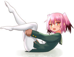 Rule 34 | 1girl, colored tips, commentary request, dated, full body, fur-trimmed sleeves, fur trim, green jacket, green sailor collar, hair between eyes, hugging own legs, jacket, kantai collection, kunashiri (kancolle), legs up, long sleeves, looking at viewer, multicolored hair, one-hour drawing challenge, orange eyes, pantyhose, pink hair, pleated skirt, ray.s, sailor collar, school uniform, serafuku, simple background, skirt, solo, twitter username, two-tone hair, two side up, white background, white pantyhose