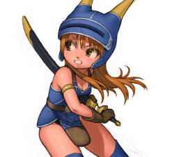 Rule 34 | brown hair, daisy (dq), daisy (dq yuusha abel densetsu), dragon quest, dragon quest yuusha abel densetsu, gloves, helmet, long hair, maagori, simple background, solo, square enix, sword, thighhighs, weapon, white background
