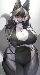 Rule 34 | 1girl, :d, absurdres, arm under breasts, black hair, blonde hair, blush, breasts, cleavage, commission, covered navel, fangs, furry, furry female, hand on own chest, highres, huge breasts, looking at viewer, multicolored hair, open mouth, orange eyes, original, skeb commission, smile, snout, solo, suurin (ksyaro), tail, white hair, wide hips