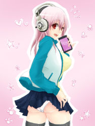 Rule 34 | 1girl, ass, blush, breasts, cellphone, clothes lift, female focus, gradient background, headphones, hina, hinapecco, large breasts, long hair, looking at viewer, looking back, nitroplus, open mouth, panties, pantyshot, phone, pink hair, red eyes, shiny skin, skindentation, skirt, skirt lift, smartphone, smile, solo, super sonico, thighhighs, underwear