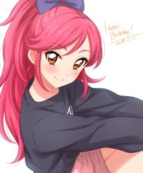 Rule 34 | 1girl, absurdres, aikatsu!, aikatsu! (series), black sweater, blush, bow, brown eyes, closed mouth, dated, english text, from side, hair bow, happy birthday, highres, long hair, long sleeves, looking at viewer, looking to the side, miniskirt, otoshiro seira, pink skirt, ponytail, purple bow, red hair, sekina, skirt, smile, solo, sweater