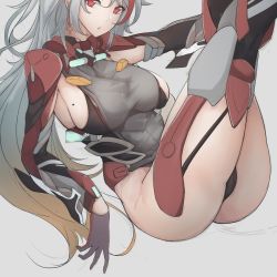 Rule 34 | 1girl, absurdres, azur lane, bodysuit, boots, breasts, gloves, grey hair, highres, large breasts, legs up, long hair, looking at viewer, mole, mole on breast, open mouth, prinz eugen (azur lane), reclining, red eyes, sideboob, sketch, solo, thigh boots, thighhighs, thighs, white background, unfinished, yusha m