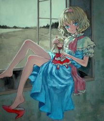 Rule 34 | 1girl, acrylic paint (medium), alice margatroid, ama-tou, bare legs, barefoot, blonde hair, blue eyes, bow, capelet, doll, dress, feet, female focus, hair bow, hairband, high heels, highres, hourai doll, indoors, legs, no socks, painting (medium), red dress, red footwear, shanghai doll, shoe dangle, shoes, single shoe, sitting, solo, touhou, traditional media, window