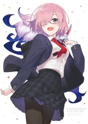 Rule 34 | 1girl, :d, alternate costume, black-framed eyewear, black skirt, blazer, blouse, blush, cowboy shot, fate/grand order, fate (series), fou (fate), glasses, hair over one eye, hand up, hayashi kewi, jacket, looking at viewer, mash kyrielight, on shoulder, open clothes, open jacket, open mouth, pantyhose, plaid, plaid skirt, pleated skirt, school uniform, shirt, skirt, smile, solo, white shirt
