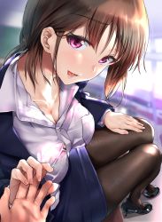 Rule 34 | 1boy, 1girl, blazer, blue skirt, blush, bra, breasts, brown hair, cleavage, collared shirt, commentary request, dress shirt, earrings, formal, hand on own thigh, high heels, highres, holding person, jacket, jewelry, lace, lace bra, large breasts, looking at viewer, miniskirt, nail polish, nonohachi, office lady, open clothes, open jacket, open mouth, original, out of frame, pantyhose, pencil skirt, pink nails, pov, purple eyes, see-through, shirt, skirt, teacher, underwear, white shirt