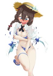 Rule 34 | 1girl, blue eyes, blush, braid, breasts, brown hair, cleavage, embarrassed, flower, hat, hat flower, highres, kantai collection, medium breasts, not silicagel, open mouth, shigure (kancolle), shigure kai san (kancolle), slippers, solo, standing, standing on one leg, sun hat, thigh strap, torn clothes, white background