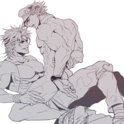 Rule 34 | 2boys, anal, ass, back, bara, bare shoulders, bracer, clothed male nude male, clothed sex, collar, cuffs, dio brando, earrings, fingernails, hahihu1782, hand on another&#039;s leg, handcuffs, hat, headband, heart, implied sex, jewelry, jojo no kimyou na bouken, knee pads, kuujou joutarou, legs folded, looking at another, lying, male focus, male penetrated, monochrome, multiple boys, muscular, nude, on shoulder, sex, sharp fingernails, sketch, skin tight, sleeveless, sleeveless turtleneck, smirk, straddling, thigh straddling, thighs, turtleneck, yaoi