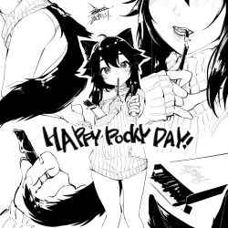 Rule 34 | 1girl, animal ears, bare legs, barefoot, black hair, clothing cutout, commentary request, ejami, ekko (ejami), female focus, food, food in mouth, fox ears, fox girl, fox tail, giving, greyscale, lips, monochrome, mouth hold, multiple views, naked sweater, original, panties, pocky, pocky day, saliva, side cutout, sleeves past wrists, sweater, tail, underwear, white background