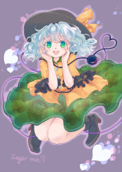 Rule 34 | 1girl, bow, green eyes, hands on own cheeks, hands on own face, hat, hat bow, heart, heart of string, iris anemone, komeiji koishi, long sleeves, looking at viewer, open mouth, shirt, silver hair, skirt, smile, solo, third eye, touhou, wide sleeves