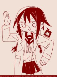 Rule 34 | 1girl, braid, coat, commentary request, copyright name, cowboy shot, daimonji 110, dance robot dance (vocaloid), glasses, hand up, jitome, lab coat, long hair, long sleeves, looking at viewer, low twin braids, monochrome, neck ribbon, null-meta, open clothes, open coat, open mouth, pleated skirt, pose imitation, red theme, ribbon, school uniform, serafuku, simple background, skirt, smirk, solo, souen chiaki, standing, tegaki draw and tweet, twin braids, v-shaped eyebrows