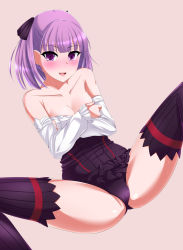 Rule 34 | 1girl, bare shoulders, blush, covering privates, covering breasts, fate/grand order, fate (series), helena blavatsky (fate), highres, looking at viewer, medium hair, open mouth, panties, purple eyes, purple hair, purple legwear, purple panties, ribbon, smile, thighs, underwear