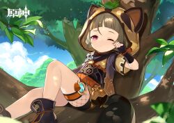 Rule 34 | 1girl, absurdres, bare legs, black footwear, black sash, commentary request, genshin impact, grey hair, highres, hood, japanese clothes, kimono, looking at viewer, obi, official art, purple eyes, sash, sayu (genshin impact), shoes, short hair, short sleeves, sitting, solo, thighs, tree, vision (genshin impact), yellow kimono