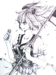Rule 34 | 1girl, bad id, bad pixiv id, coco maru, coin, female focus, hair bobbles, hair ornament, holding, jpeg artifacts, monochrome, onozuka komachi, scythe, solo, touhou, traditional media, twintails, two side up, wind