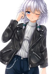 Rule 34 | 1girl, alternate costume, black jacket, blue eyes, braid, chain, contemporary, cowboy shot, highres, izayoi sakuya, jacket, long sleeves, looking at viewer, one eye closed, parted lips, reijing etrn, short hair, side braids, silver hair, simple background, solo, standing, sweater, touhou, twin braids, white background, white sweater, zipper