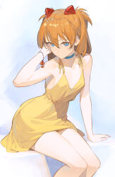 Rule 34 | 1girl, arm support, bare shoulders, blue choker, blue eyes, bracelet, breasts, choker, closed mouth, commentary, dress, english commentary, hair between eyes, hand up, highres, interface headset, jewelry, long hair, looking at viewer, neon genesis evangelion, official alternate costume, orange hair, sitting, sleeveless, sleeveless dress, small breasts, solo, souryuu asuka langley, timbougami, two side up, yellow dress