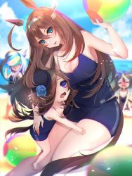 Rule 34 | aged down, ahoge, animal ears, ball, bare arms, bare legs, bare shoulders, beach, beachball, blue one-piece swimsuit, blurry, blurry background, breasts, brown hair, child, cleavage, colored eyelashes, competition swimsuit, depth of field, hair between eyes, hairband, hand on another&#039;s thigh, highres, horse ears, horse girl, horse tail, hug, large breasts, looking at viewer, mejiro mcqueen (umamusume), mihono bourbon (umamusume), mochimochi dando, one-piece swimsuit, rice shower (umamusume), swimsuit, tail, thighs, tokai teio (umamusume), umamusume