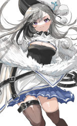 Rule 34 | 1girl, :3, absurdres, azur lane, blouse, blue skirt, breasts, cleavage, closed mouth, commentary request, feet out of frame, floating hair, fur collar, grey hair, hat, highres, leg belt, long hair, looking at viewer, maria, medium breasts, miniskirt, minsk (azur lane), multicolored hair, peaked cap, pleated skirt, pom pom (clothes), purple eyes, shirt, simple background, skirt, smile, solo, streaked hair, thigh strap, thighhighs, very long hair, white background, white hat, white shirt, zettai ryouiki