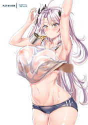 Rule 34 | 1girl, antenna hair, armpits, arms up, azur lane, bikini, bikini bottom only, black bikini, black bow, blush, bow, grabbing another&#039;s breast, breasts, close-up, cup, disembodied limb, from behind, grabbing, hair bow, highres, large breasts, long hair, looking at viewer, multicolored hair, prinz eugen (azur lane), see-through, shirt, short hair, silver hair, simple background, solo focus, streaked hair, swimsuit, thighs, tnolize, two side up, wet, wet clothes, wet shirt, white background, white shirt