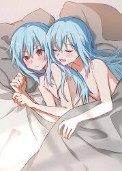 Rule 34 | 2others, androgynous, bed, bed sheet, blue hair, blush, ciel (tensei shitara slime datta ken), completely nude, highres, light blue hair, long hair, lying, multiple others, nude, on bed, on side, open mouth, pillow, red eyes, rimuru tempest, shoura, smile, tensei shitara slime datta ken
