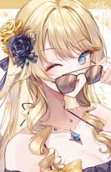 Rule 34 | 1girl, alternate costume, bare shoulders, black flower, blonde hair, blue eyes, breasts, cleavage, drill hair, flower, genshin impact, hair flower, hair ornament, jewelry, long hair, looking at viewer, medium breasts, navia (genshin impact), necklace, one eye closed, open mouth, smile, solo, sunglasses, taya oco, twin drills, upper body, yellow flower