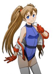 Rule 34 | 1girl, athletic leotard, blue eyes, blue leotard, breasts, brown hair, gloves, highres, jacket, leotard, long hair, numan athletics, off shoulder, open clothes, open jacket, red gloves, sharon les halles, smile, solo, tatsuya1227, thighhighs, thighs, twintails, white jacket, white thighhighs