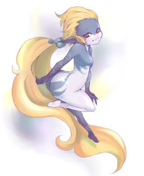 Rule 34 | 1girl, absurdly long hair, ass, bare shoulders, barefoot, blonde hair, body markings, breasts, collarbone, colored sclera, colored skin, completely nude, fang, feet, floating, glowing tattoo, hair held back, hair ornament, hair tie, inumimi moeta, long ears, long hair, long pointy ears, looking at viewer, midna, multicolored skin, nintendo, no headwear, nude, pointy ears, ponytail, red eyes, shiny skin, shortstack, simple background, small breasts, smile, soles, solo, tattoo, the legend of zelda, the legend of zelda: twilight princess, thighs, two-tone skin, very long hair, wide hips, yellow sclera