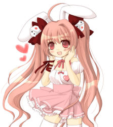 Rule 34 | 1girl, ahoge, bow, di gi charat, eyebrows, hair bow, heart, looking at viewer, pink bow, pink skirt, pleated skirt, red bow, shirt, short sleeves, simple background, skirt, solo, thighhighs, twintails, usada hikaru, white background, white shirt
