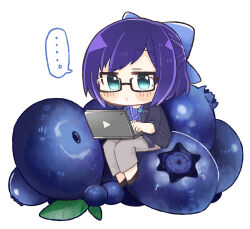 Rule 34 | ..., 1girl, a-chan (2nd costume) (hololive), a-chan (hololive), aqua eyes, black-framed eyewear, black jacket, blue bow, blue hair, blueberry, bow, chibi, commentary, computer, food, frown, fruit, glasses, grey pants, hair bow, hololive, jacket, laptop, pants, same anko, short hair, simple background, sitting, solo, spoken ellipsis, virtual youtuber, white background