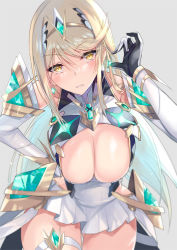 Rule 34 | bare legs, bare shoulders, blonde hair, breasts, chest jewel, cleavage, cleavage cutout, clothing cutout, dress, earrings, elbow gloves, gem, gloves, headpiece, inoue takuya (tactactak), jewelry, large breasts, long hair, mythra (xenoblade), short dress, solo, swept bangs, thigh strap, tiara, very long hair, white dress, white gloves, xenoblade chronicles (series), xenoblade chronicles 2, yellow eyes