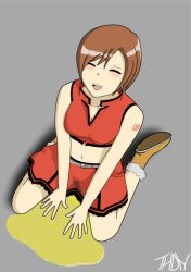 Rule 34 | 1girl, :d, ^ ^, ankle boots, arm support, bare arms, belt, blush, boots, breasts, brown hair, closed eyes, crop top, full body, fur trim, grey background, kneeling, meiko (vocaloid), midriff, miniskirt, navel, open mouth, pee, peeing, peeing self, puddle, red skirt, short hair, simple background, sitting, skirt, smile, solo, swept bangs, tattoo, vocaloid, wariza