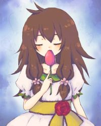 Rule 34 | 1st-mn, bad id, bad pixiv id, blush, brown hair, dress, closed eyes, flower, long hair, lowres, original, smelling, solo, tsubomi-chan