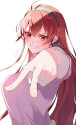 Rule 34 | 1girl, absurdres, ahoge, black hairband, breasts, clenched teeth, eris greyrat, foreshortening, hairband, highres, large breasts, long hair, looking at viewer, mushoku tensei, reaching, reaching towards viewer, red eyes, red hair, saico isshin, simple background, smile, solo, teeth, upper body, v, v-shaped eyebrows, white background