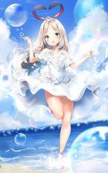 Rule 34 | 1girl, absurdres, animal ears, arms up, blade &amp; soul, blush, bubble, rabbit ears, cloud, dress, forehead, highres, keibeam, leg up, long hair, lyn (blade &amp; soul), ocean, open mouth, outdoors, grey eyes, silver hair, sky, solo, standing, standing on one leg, sundress, wading, water, white dress, wind, wind lift