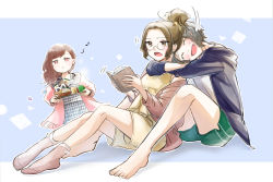 Rule 34 | 3girls, :d, :x, ^ ^, annoyed, arms around neck, barefoot, behind another, blue background, blue jacket, blush, book, brown cardigan, brown hair, brown legwear, camisole, cardigan, chocolate cornet, closed eyes, commentary request, cup, eighth note, food, glasses, green shorts, grey pajamas, hair over shoulder, hands up, head tilt, heads together, high ponytail, highres, holding, holding book, holding tray, honami hisame, hug, hug from behind, jacket, knees up, letterboxed, long hair, long sleeves, looking at another, looking away, minase suzu, motion lines, multiple girls, musical note, no shoes, off shoulder, onigiri, open book, open cardigan, open clothes, open jacket, open mouth, outline, outside border, pajamas, parted bangs, pink cardigan, plaid, plaid pajamas, plate, polka dot, polka dot camisole, polka dot shorts, pom pom (clothes), ponytail, red eyes, round eyewear, rubbing, shirt, short hair, shorts, shoujo kageki revue starlight, side slit, side slit shorts, sitting, smile, socks, spoken musical note, standing, steam, swept bangs, tareko, tray, white outline, white shirt, yanagi koharu, yellow camisole, yellow eyes, yellow shorts, yuri