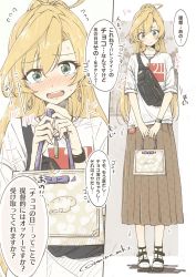 Rule 34 | 1girl, abukuma (kancolle), alternate costume, alternate hairstyle, belt bag, blonde hair, blush, brown skirt, casual, comic, commentary request, earrings, full body, green eyes, highres, jewelry, kantai collection, long hair, long skirt, multiple views, necklace, nose blush, open mouth, pleated skirt, ponytail, round teeth, shirt, short sleeves, skirt, standing, t-shirt, teeth, toeless footwear, translation request, umino mokuzu (shizumisou), upper teeth only, white shirt