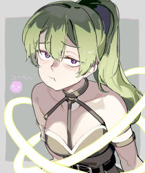 Rule 34 | 1girl, bare shoulders, breasts, character name, collarbone, emoji, green hair, high ponytail, highres, looking at viewer, pout, purple eyes, pursed lips, solo, sousou no frieren, tennohi, ubel (sousou no frieren), upper body