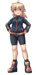 Rule 34 | 1girl, :d, antenna hair, bike shorts, black footwear, black jacket, black shorts, blonde hair, breasts, commentary request, full body, green eyes, hair between eyes, hands on own hips, highres, jacket, koshirae tsurugi (m.m), long hair, long sleeves, low ponytail, m.m, open mouth, original, ponytail, shoes, short shorts, shorts, simple background, small breasts, smile, socks, solo, standing, track jacket, white background