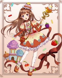 Rule 34 | 1girl, :o, blush, bow, brown hair, brown skirt, candy, cherry, cupcake, floral print, flower, food, food-themed ornament, frilled skirt, frills, fruit, full body, gebiboo, gem, hat, juliet sleeves, long hair, long sleeves, looking at viewer, orange footwear, orange skirt, original, pantyhose, personification, pocketland, print pantyhose, puffy sleeves, purple eyes, red bow, rose, scepter, shoes, skirt, solo, standing, strawberry, striped bow, striped clothes, striped skirt, vertical-striped clothes, vertical-striped skirt, white pantyhose, yellow flower, yellow rose
