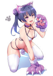 Rule 34 | 1girl, :d, animal ears, animal hands, arm support, arm up, bell, bikini, blue hair, blunt bangs, blush, breasts, cat ears, cat paws, cleavage, collar, collarbone, dark blue hair, gloves, hair bun, halterneck, highres, kanabun, kneeling, looking at viewer, love live!, love live! sunshine!!, medium breasts, multi-strapped bikini, multiple straps, neck bell, open mouth, paw pose, purple eyes, side bun, side ponytail, simple background, single side bun, skindentation, smile, solo, swimsuit, teeth, thighhighs, tsushima yoshiko, upper teeth only, white background, white bikini, white thighhighs, | |