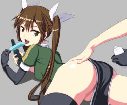 Rule 34 | 10s, 2girls, ass, black gloves, black legwear, breasts, brown eyes, brown hair, chikuma (kancolle), elbow gloves, food, gloves, grey background, hand on another&#039;s ass, kantai collection, licking, long hair, looking back, lying, multiple girls, nanashino, no panties, on stomach, out of frame, pelvic curtain, popsicle, ramune, remodel (kantai collection), simple background, single elbow glove, single thighhigh, small breasts, thighhighs, tone (kancolle), tongue, tongue out, twintails