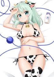 Rule 34 | 1girl, absurdres, animal ears, animal print, aqua eyes, arm up, bare shoulders, bed sheet, bell, bikini, blush, bottle, breasts, breasts apart, closed mouth, commentary request, cow ears, cow print, cowbell, eyeball, fake animal ears, feet out of frame, female focus, groin, hairband, hand on own head, hand on own stomach, heart, heart of string, highres, horns, komeiji koishi, light green hair, looking at viewer, lying, medium breasts, medium hair, milk bottle, neck bell, on back, on bed, print bikini, print hairband, print thighhighs, side-tie bikini bottom, simple background, smile, solo, string bikini, suwa yasai, swimsuit, thighhighs, third eye, touhou, wavy hair, white background